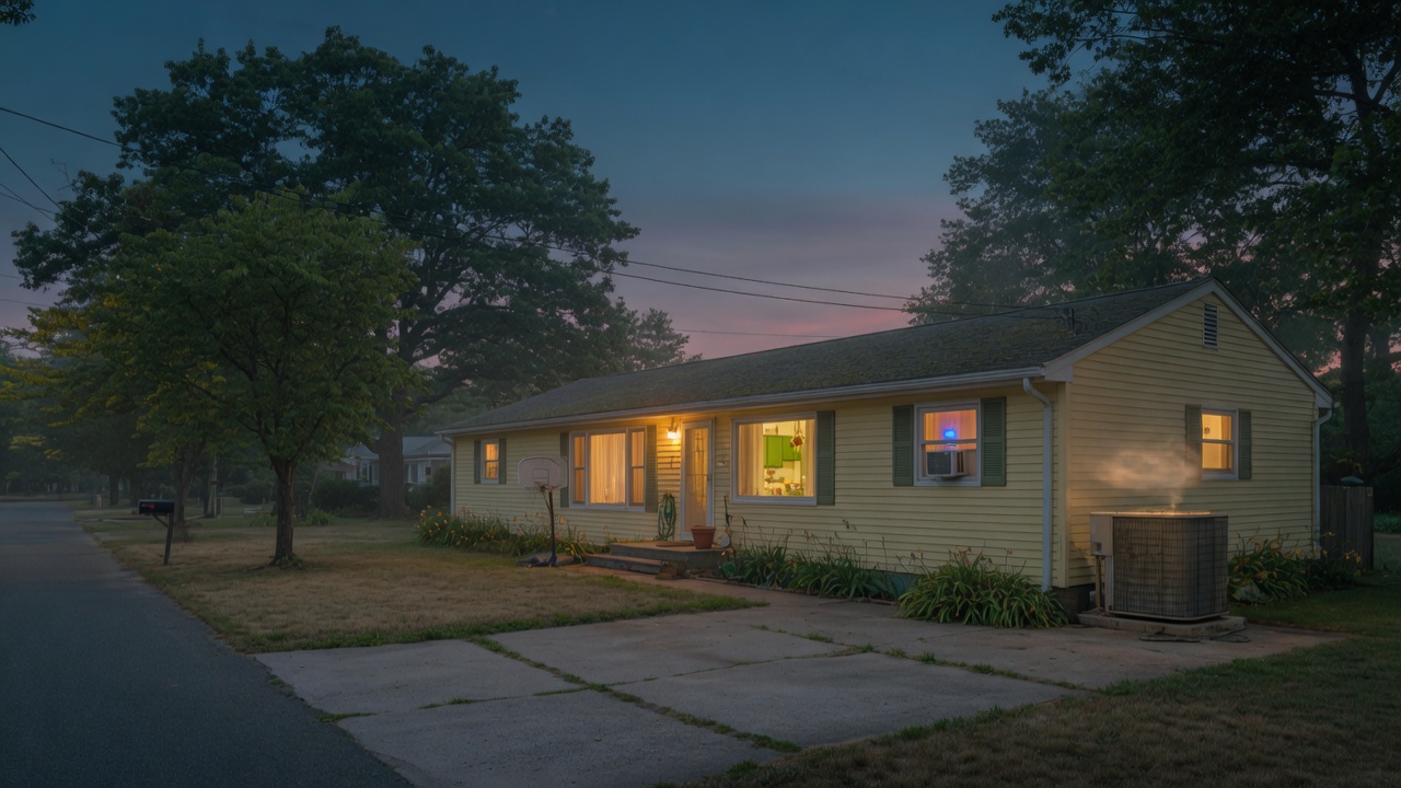 A Long Island ranch house at dusk with the AC condenser running