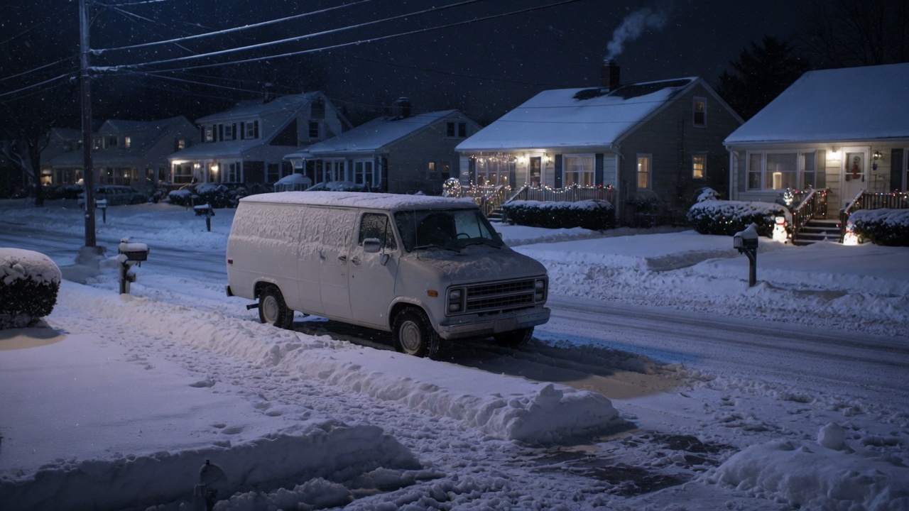HVAC van on a snowy Long Island street at night